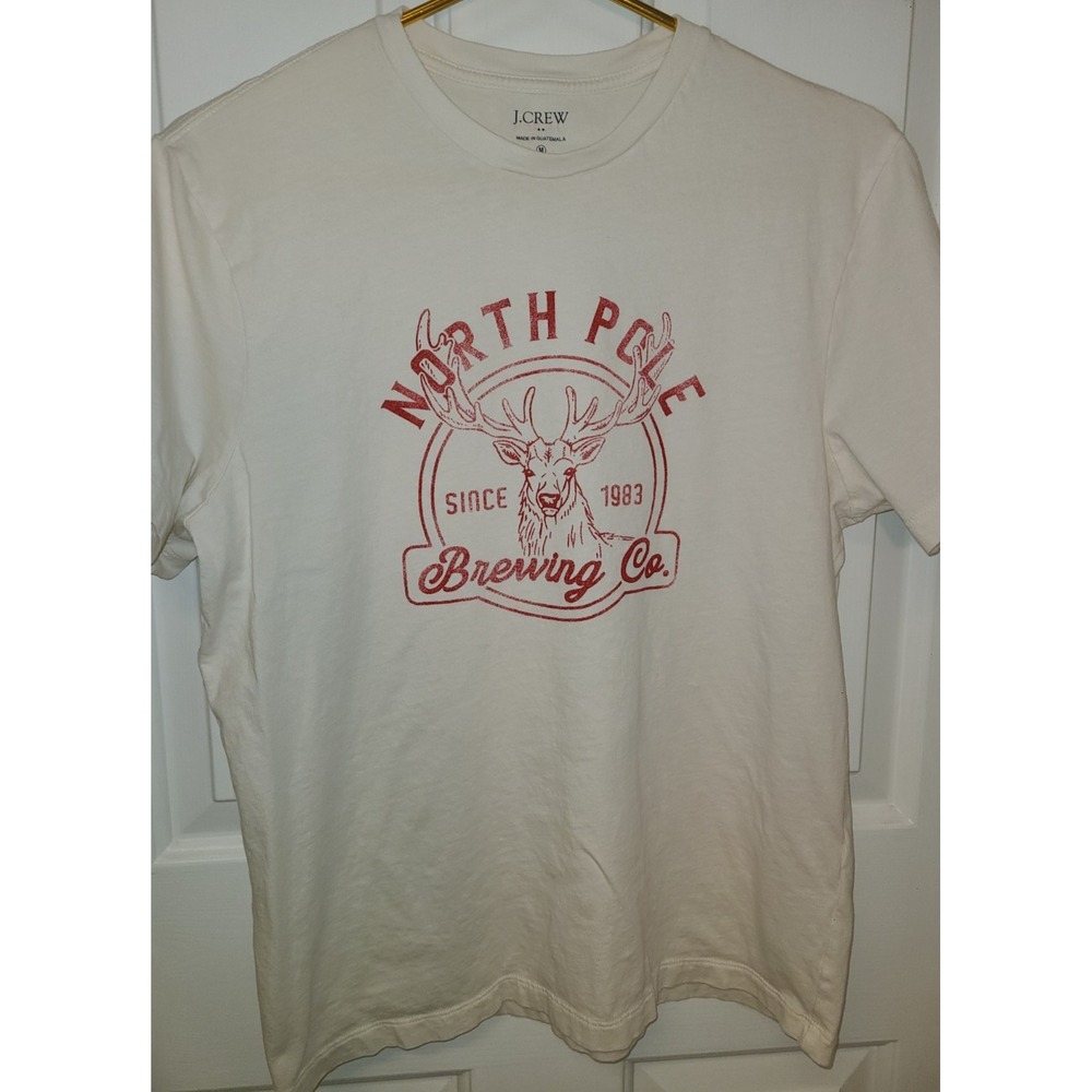MEN'S TSHIRT: J.Crew North Pole Brewing Co. White Red Deer Logo Beer Med Hipster